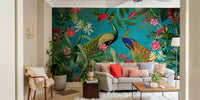 Stunning peacock wall art mural for vintage spaces.

