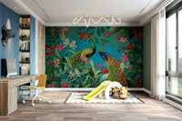 Elegant peacock mural design for vintage interiors.


