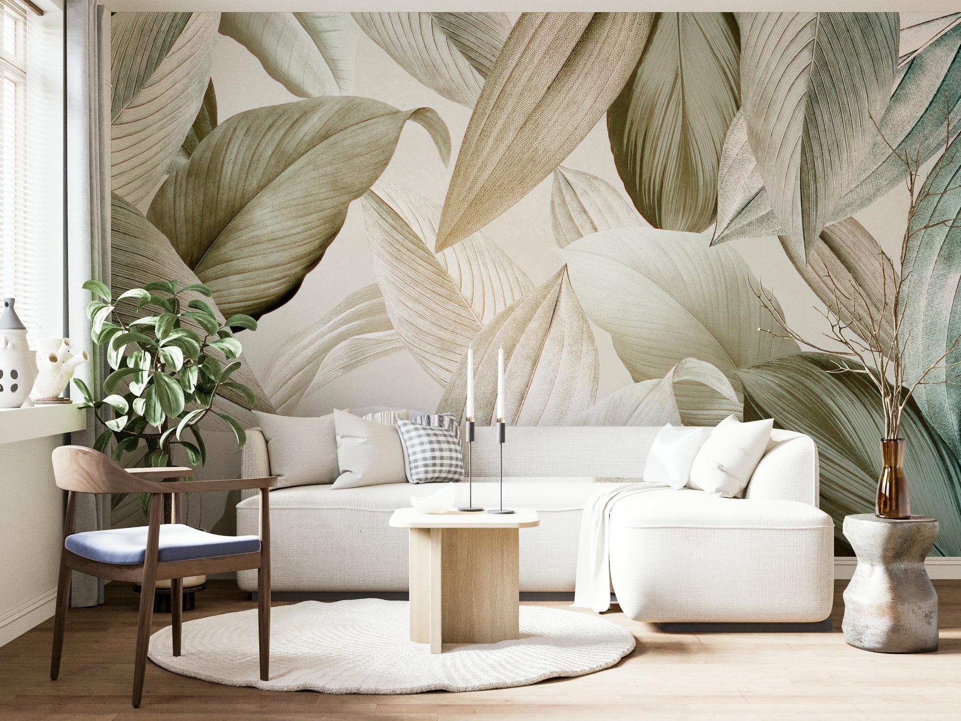 Soft green tones of Whispering Leaves wall mural.

