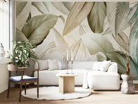 Soft green tones of Whispering Leaves wall mural.

