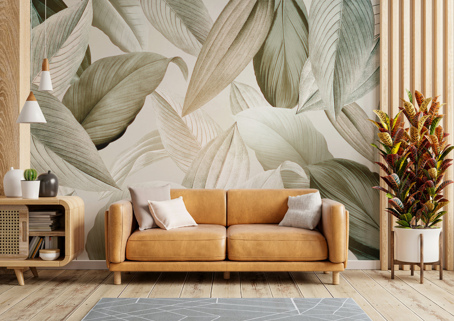 Elegant Whispering Leaves mural in modern interiors.


