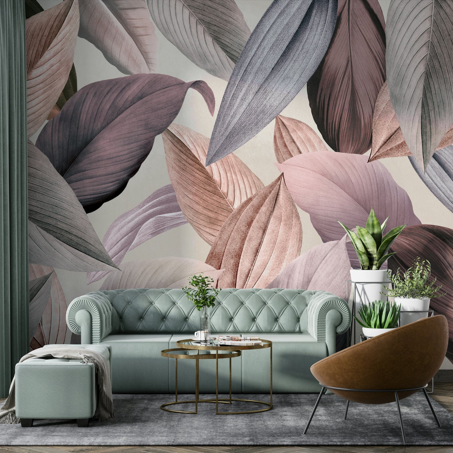 Tranquil green botanical wall mural for living rooms

