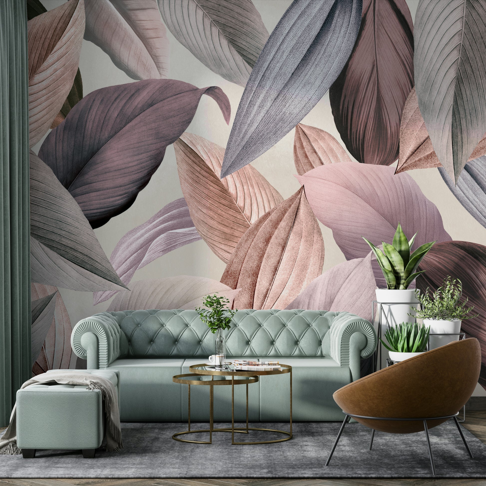 Tranquil green botanical wall mural for living rooms


