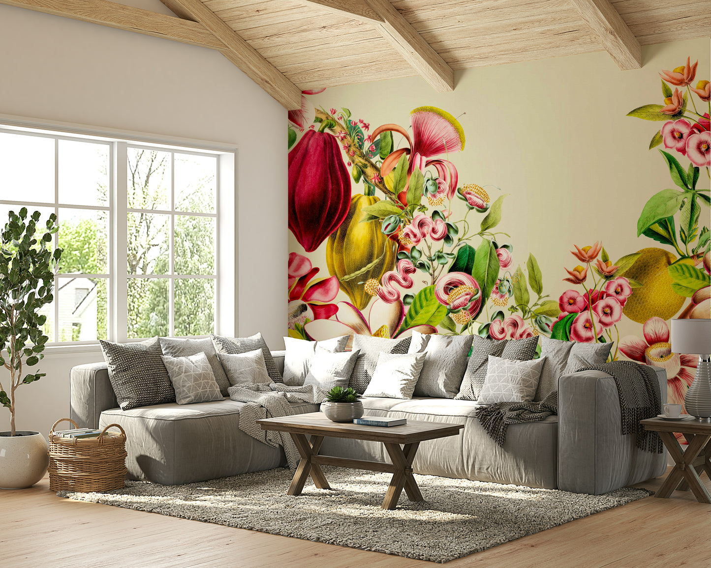 Antique-style botanical garden wall mural for interiors.

