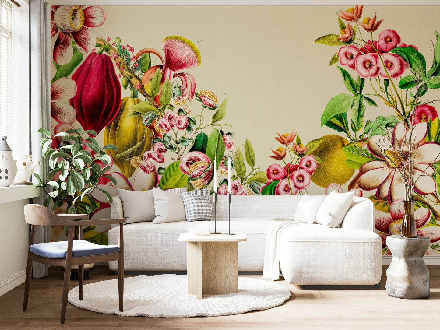 Vintage botanical garden wall mural in living room.

