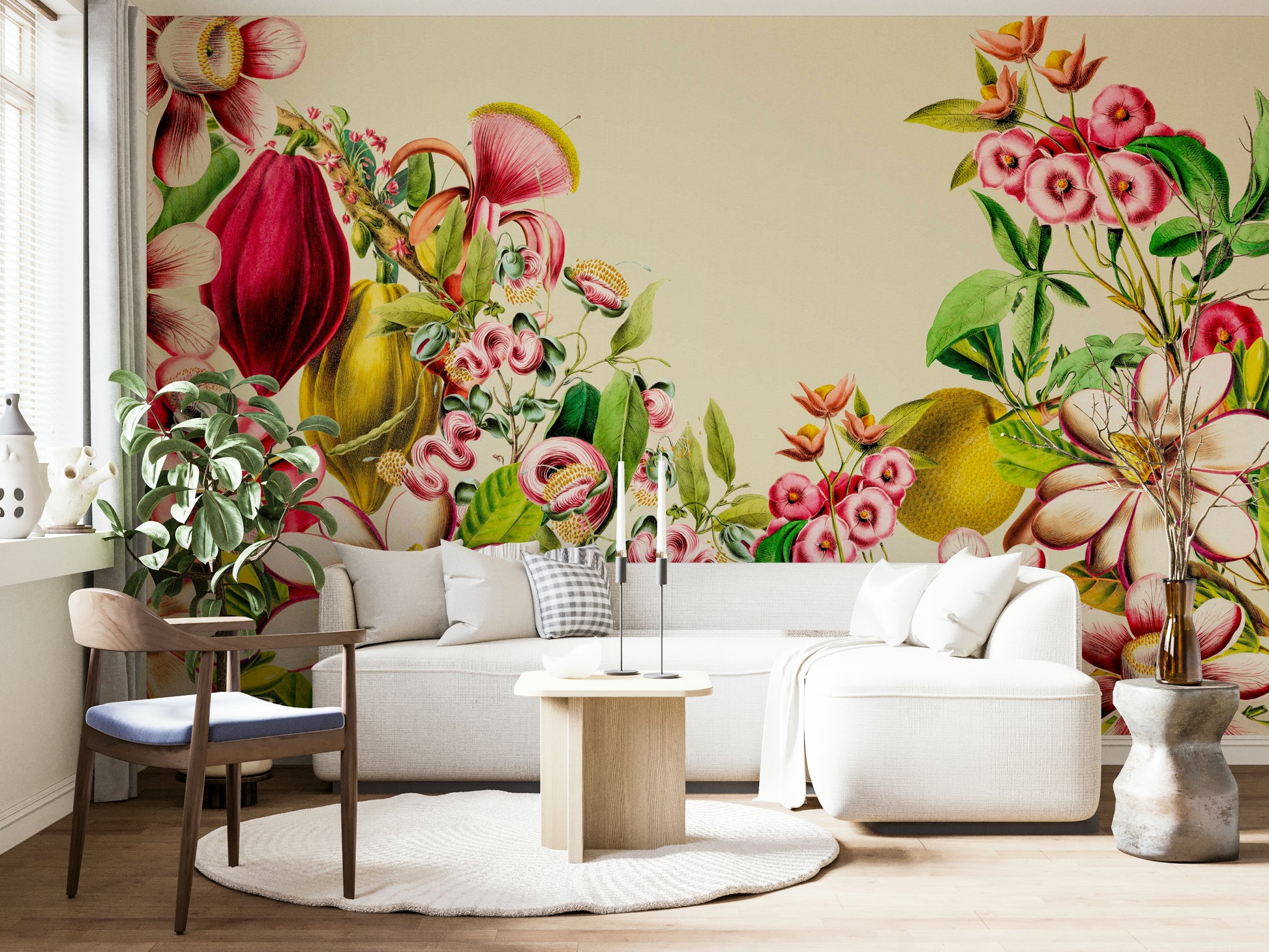 Vintage botanical garden wall mural in living room.

