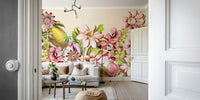 Soft pastel vintage garden mural with botanical print