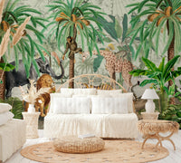 Scenic jungle scene mural with tropical plants

