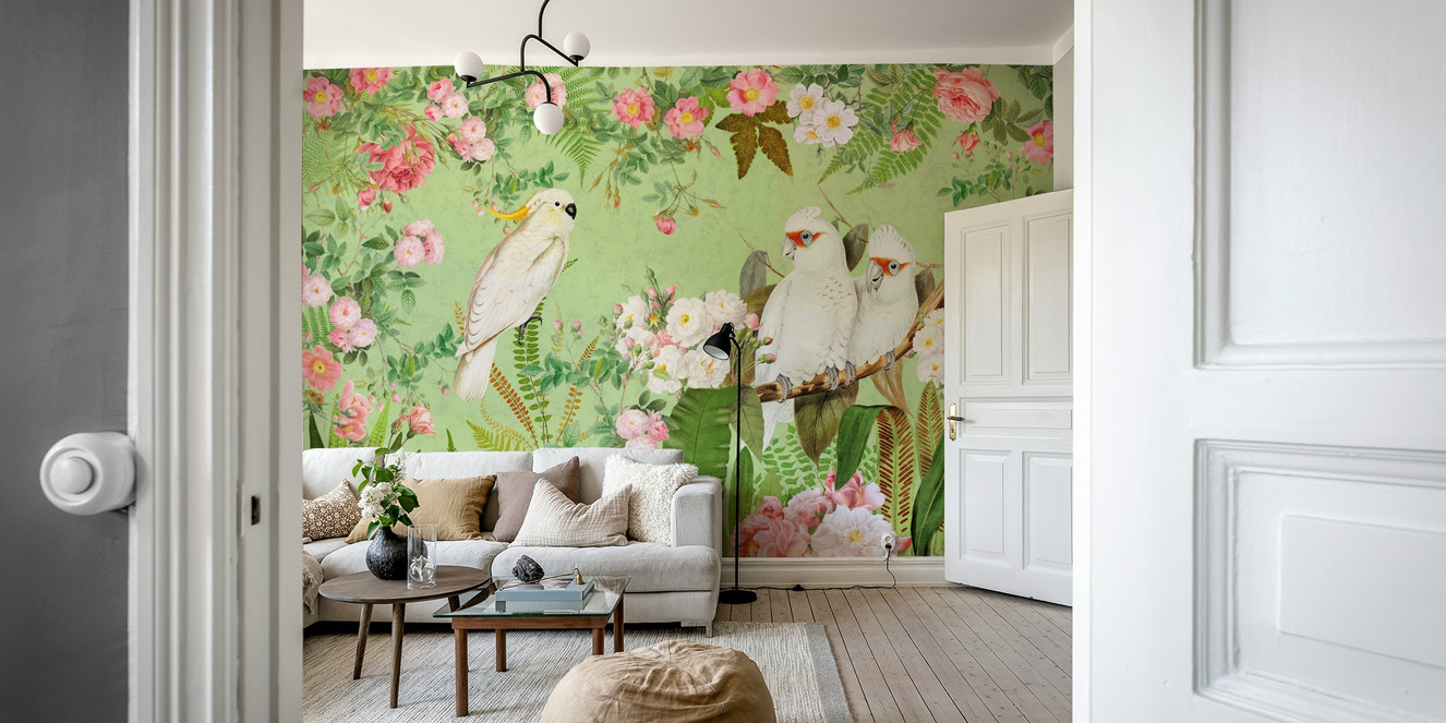Whispering roses with white cockatoos wall mural.

