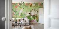 Whispering roses with white cockatoos wall mural.

