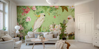 Elegant white cockatoos amidst blooming roses mural.

