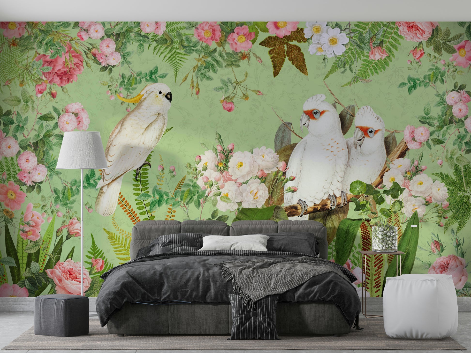 White cockatoos perched among blooming roses mural.

