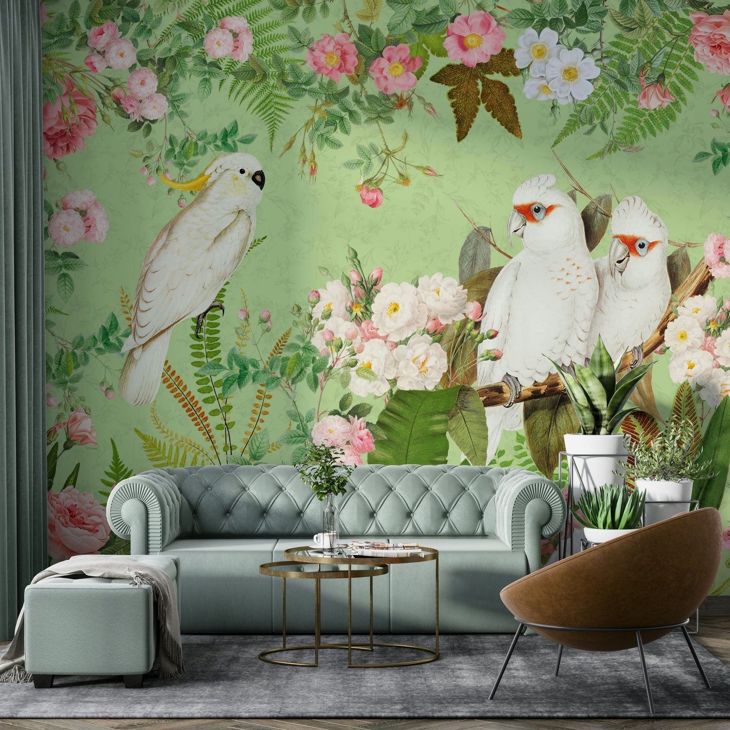 Floral mural with cockatoos in a soft color palette.

