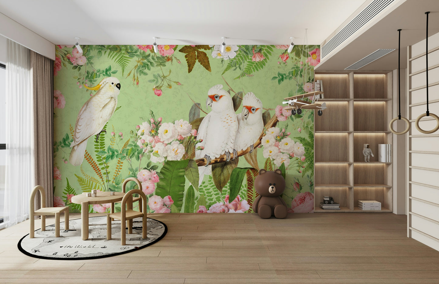 Beautiful floral and bird mural with white cockatoos.

