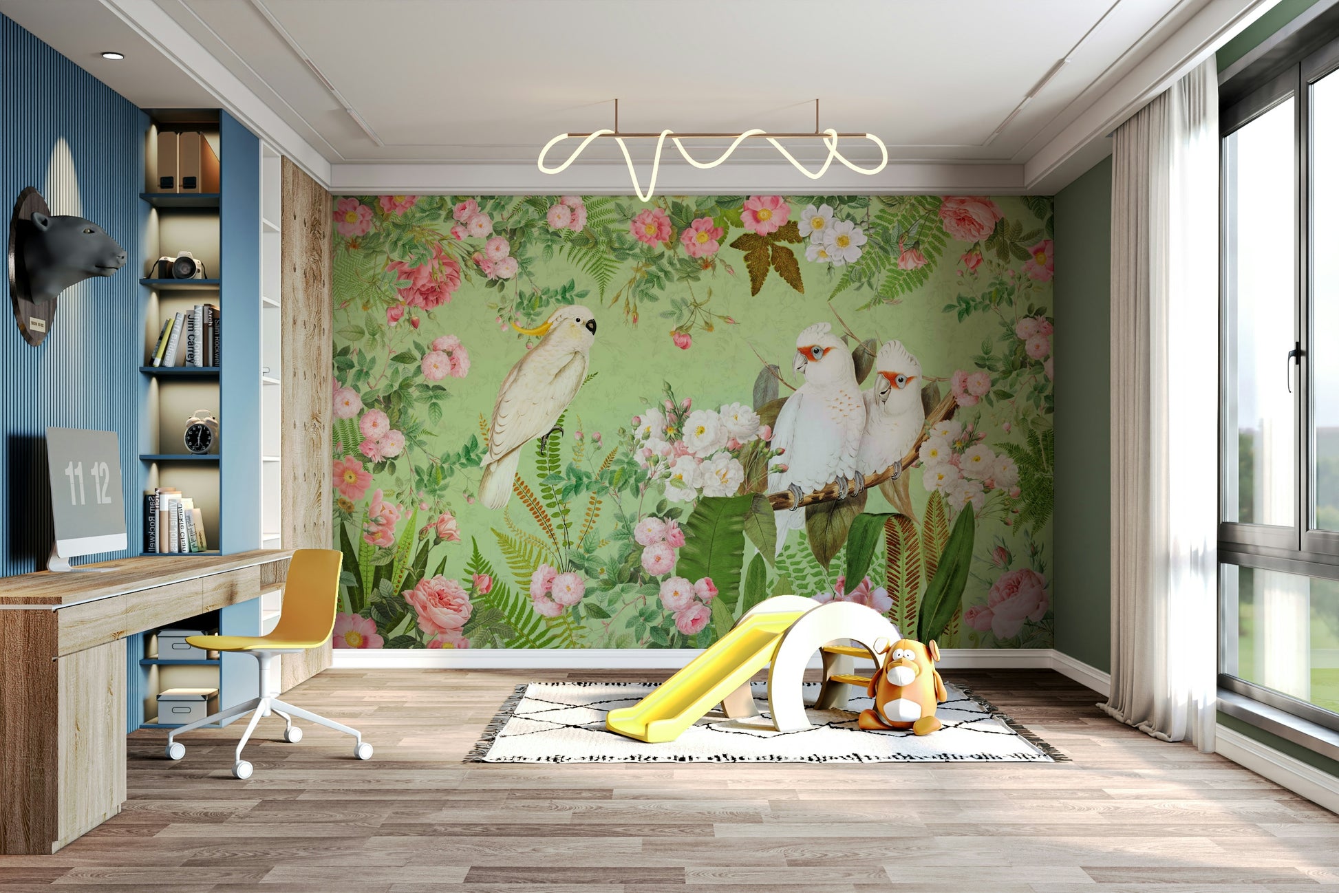 Peaceful floral and bird wall art with roses and cockatoos.

