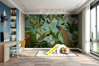 Tranquil garden setting mural with blooming flowers

