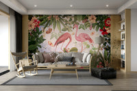 Flamingo perched amidst tropical plants mural.

