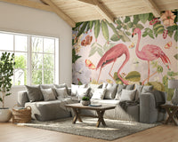 Bright flamingo wall mural with tropical plants.

