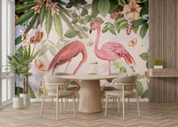 Botanical flamingo mural for vibrant room decor.

