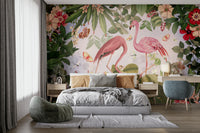 Tropical flamingo mural with vibrant flowers.

