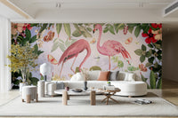 Flamingo dream mural with exotic botanicals.

