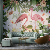 Botanical flamingo wallpaper mural for living room.

