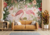 Flamingo in botanical garden wall mural design.

