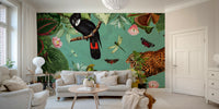 Bright tropical jungle wall art with exotic plants.

