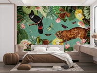 Detailed mural showcasing lush flora and fauna.


