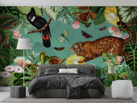 Scenic view of tropical flowers in a vivid mural.

