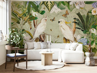 Nature-themed botanical mural with exotic plants.

