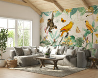 Vintage wall mural showcasing jungle flora and fauna.


