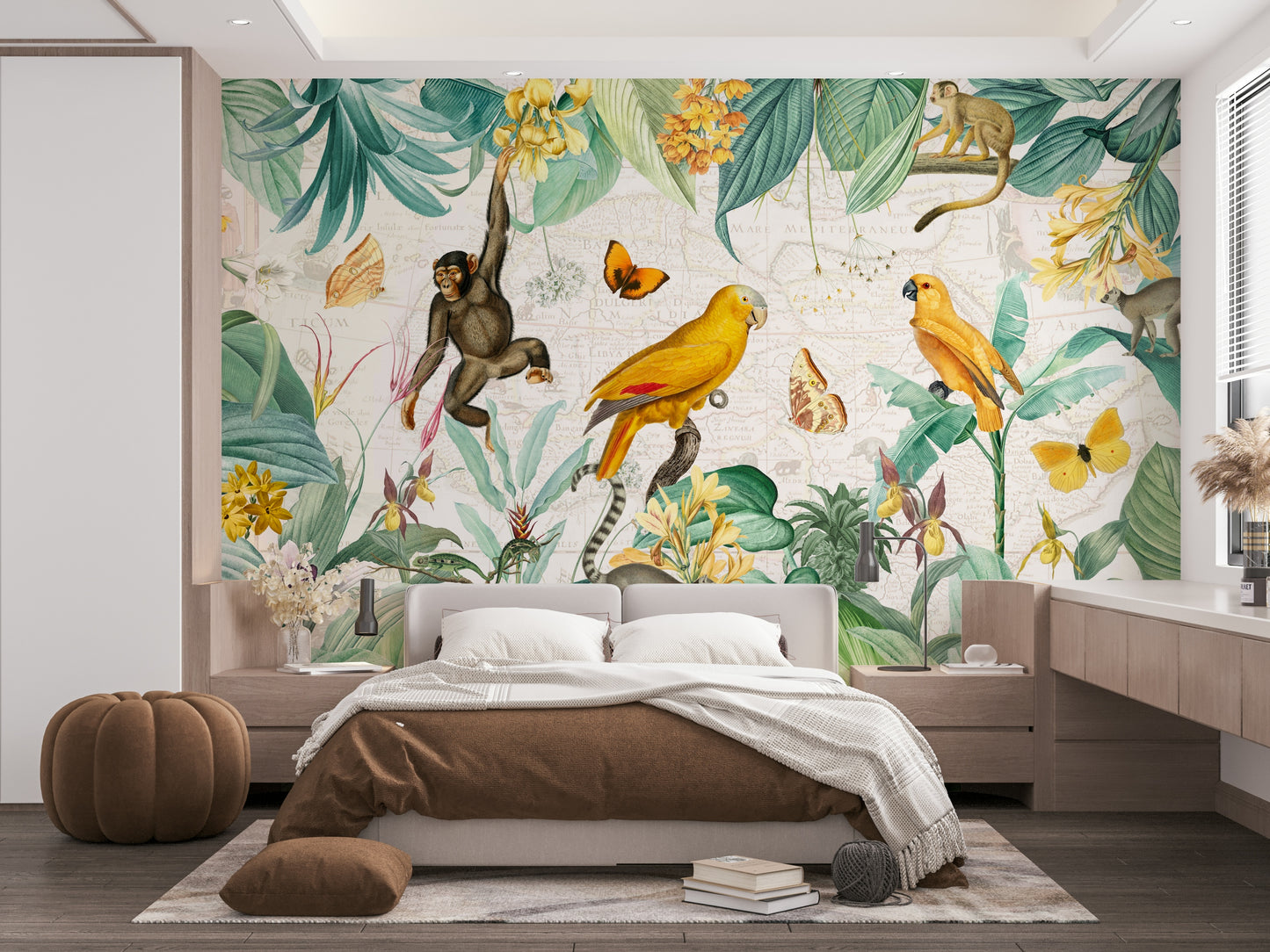 Exotic wildlife mural featuring jungle trees.

