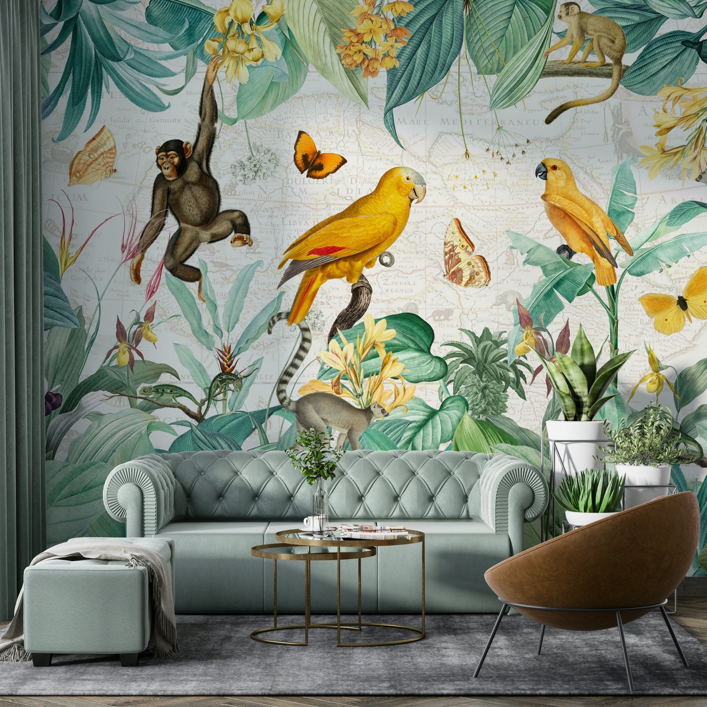 Bold jungle design with tropical foliage mural.

