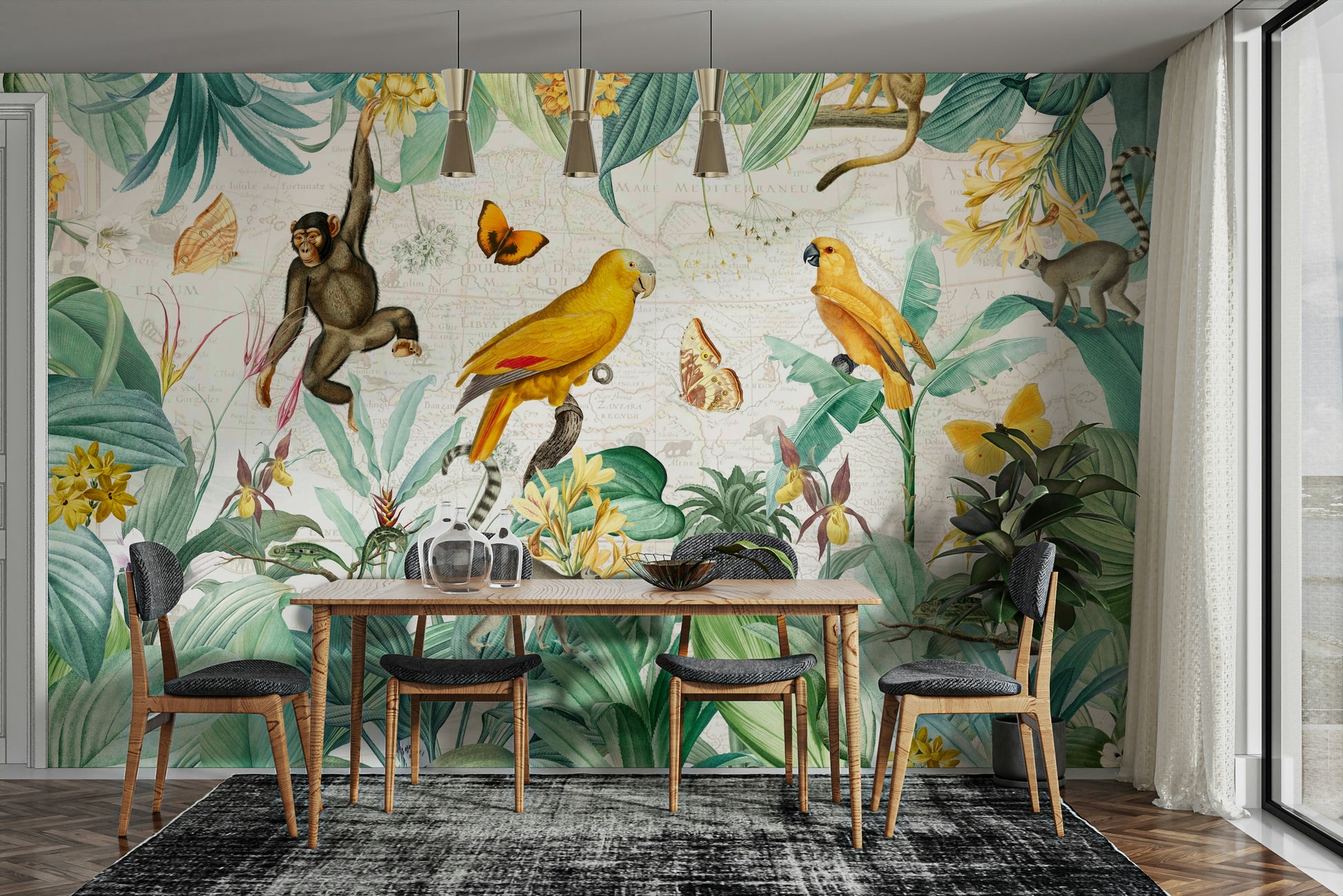 Detailed vintage tropical jungle scene for walls.

