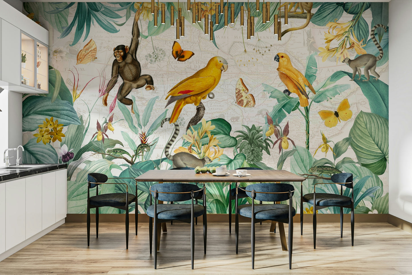 Vintage jungle wall mural with lush greenery.

