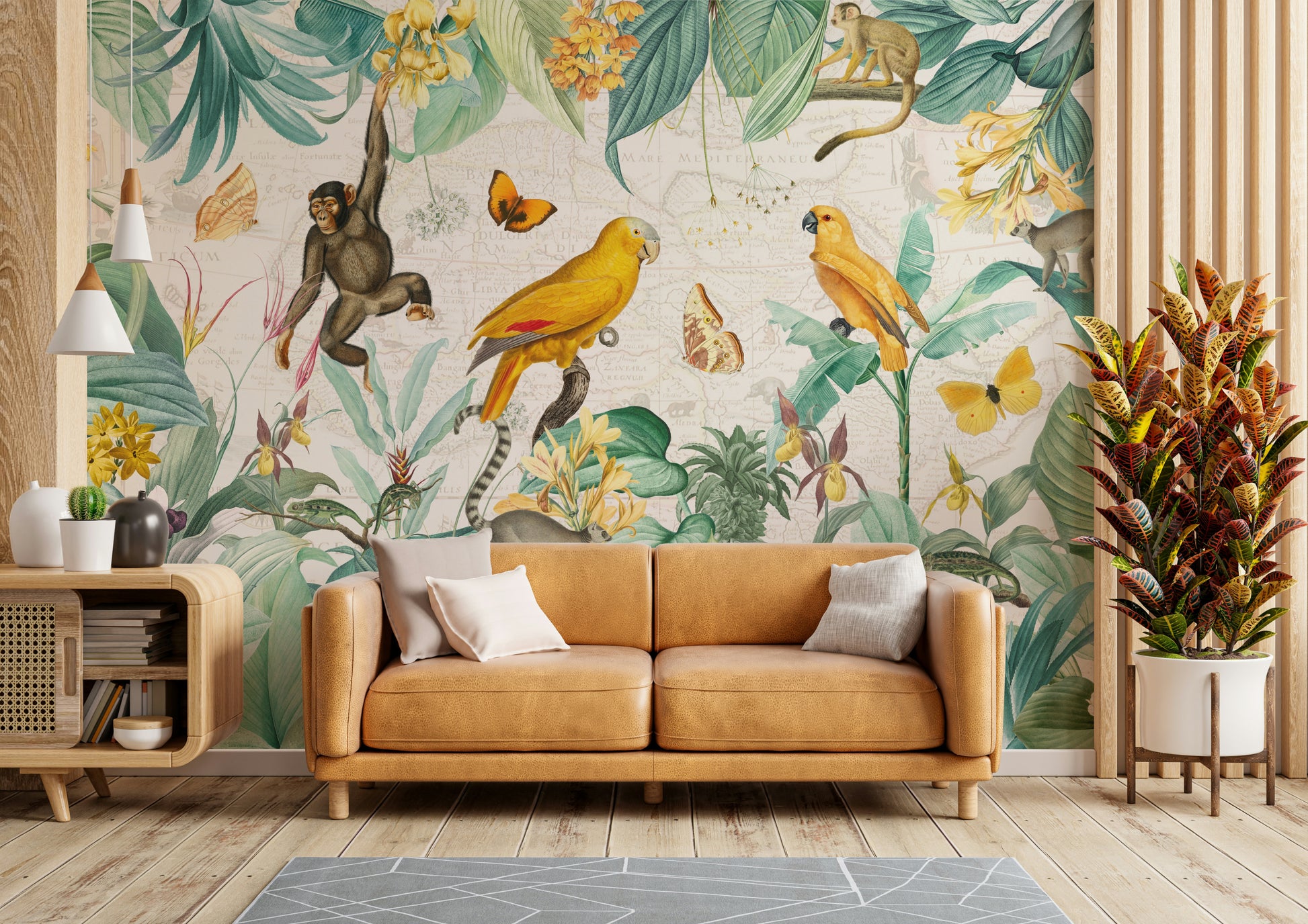 Jungle animals and tropical plants wall mural.

