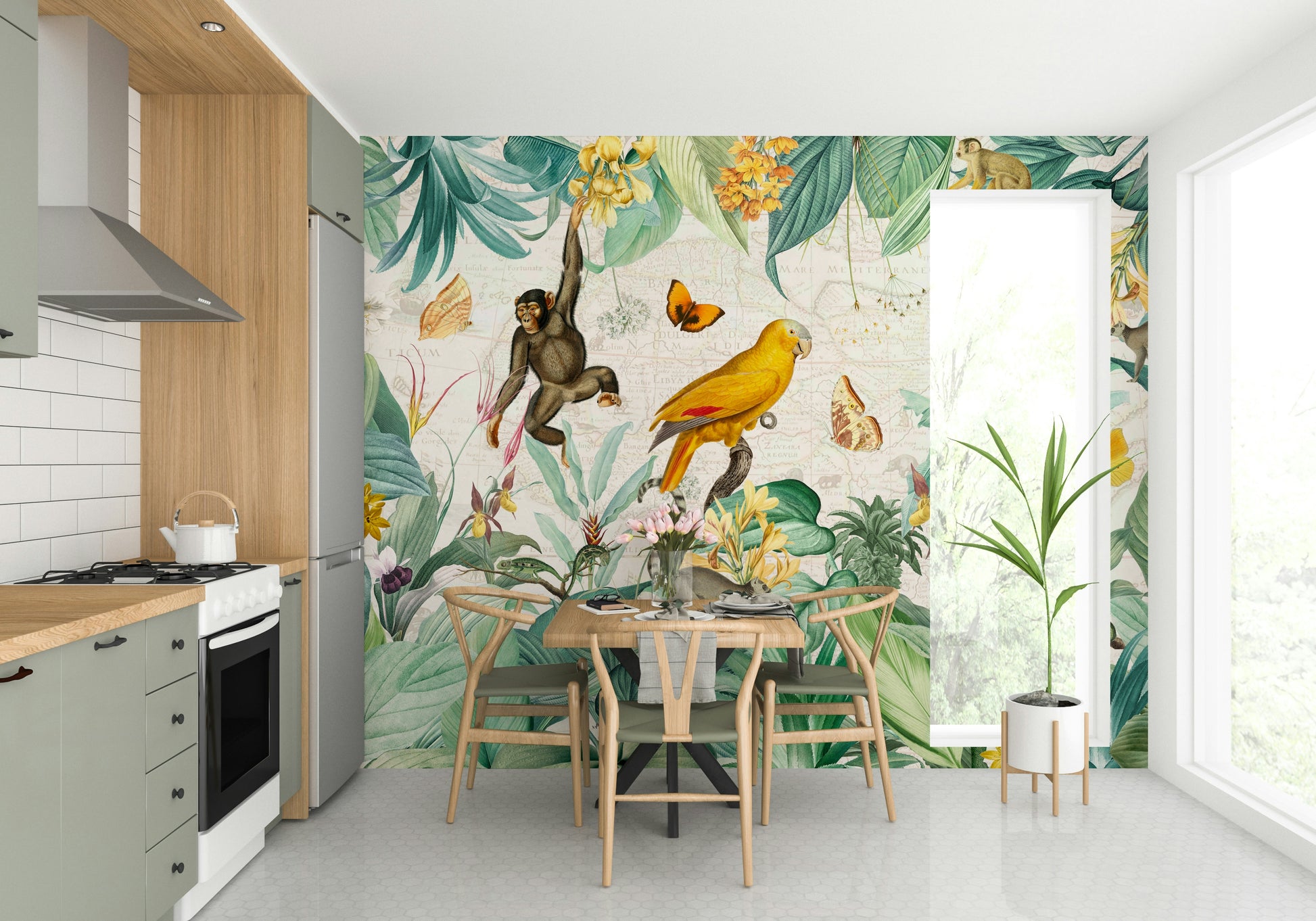 Nature-inspired vintage jungle wall mural design.

