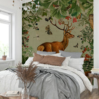 Lush green woodland mural for peaceful spaces.

