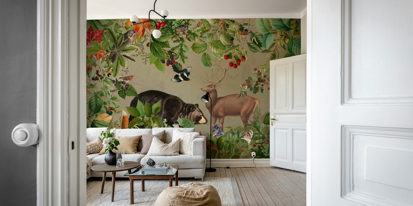 Mystical forest wall mural with trees and foliage

