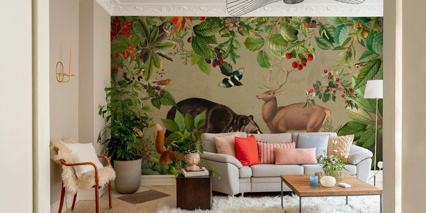Botanical forest mural with a quiet atmosphere

