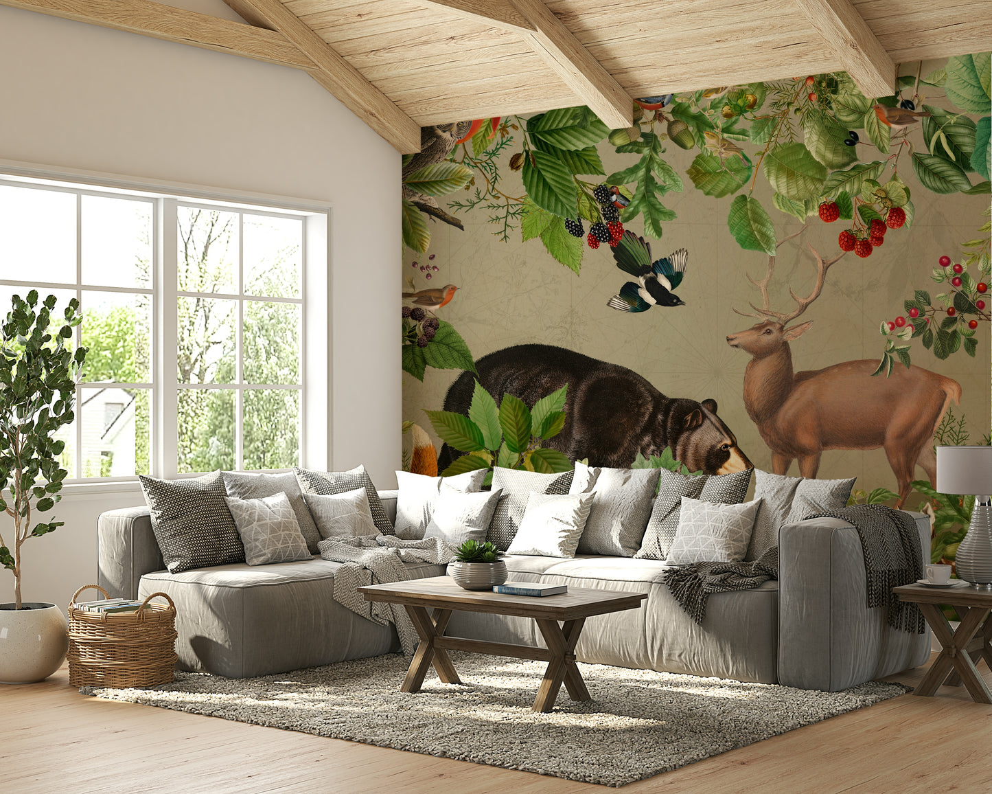 Whimsical wildwood wallpaper in natural colors

