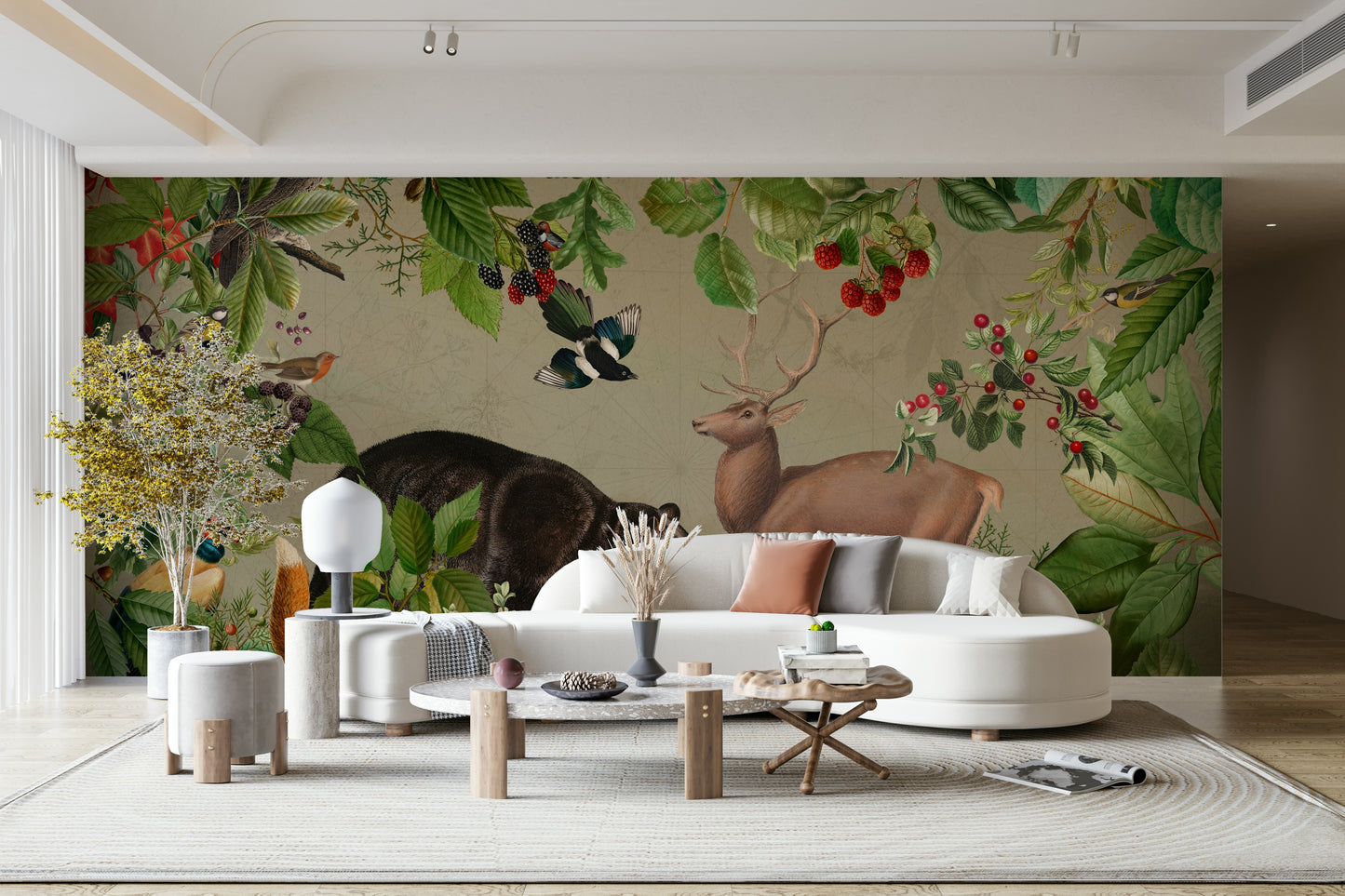 Hand-painted mural with wild trees and undergrowth

