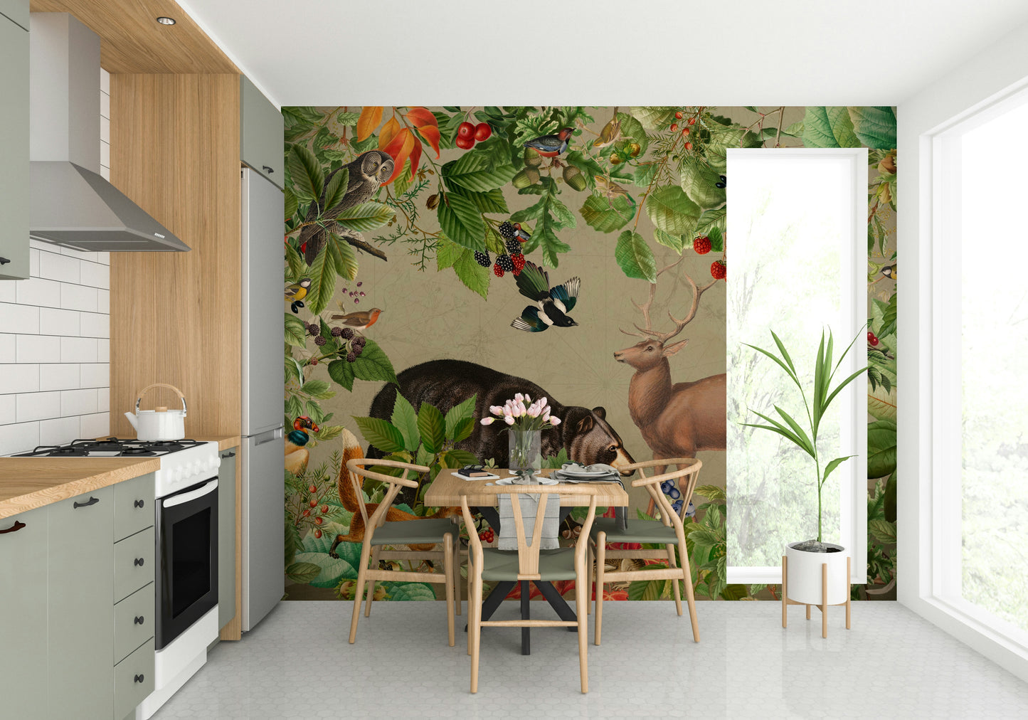 Enchanted woodland wallpaper in soft earthy tones

