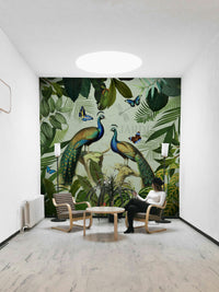 Peacock wallpaper with lush botanical background

