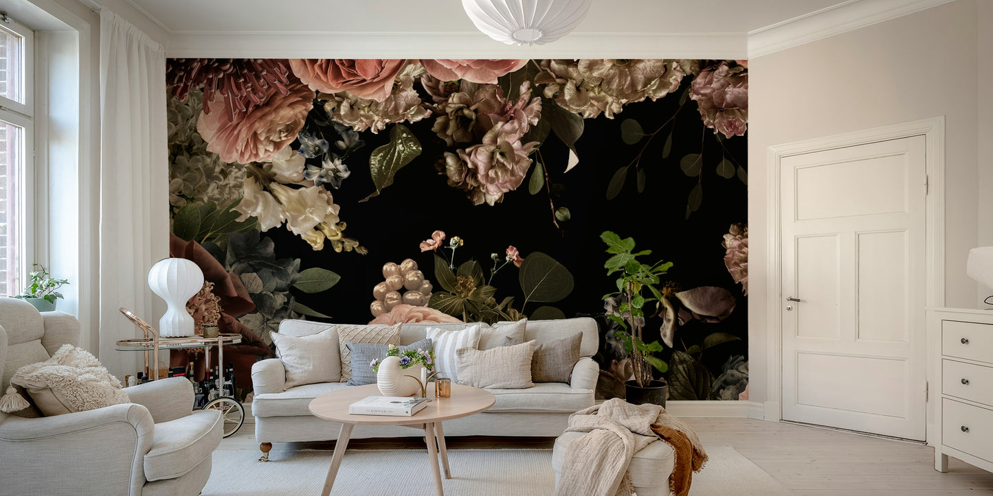 Moody floral mural featuring blooming petals


