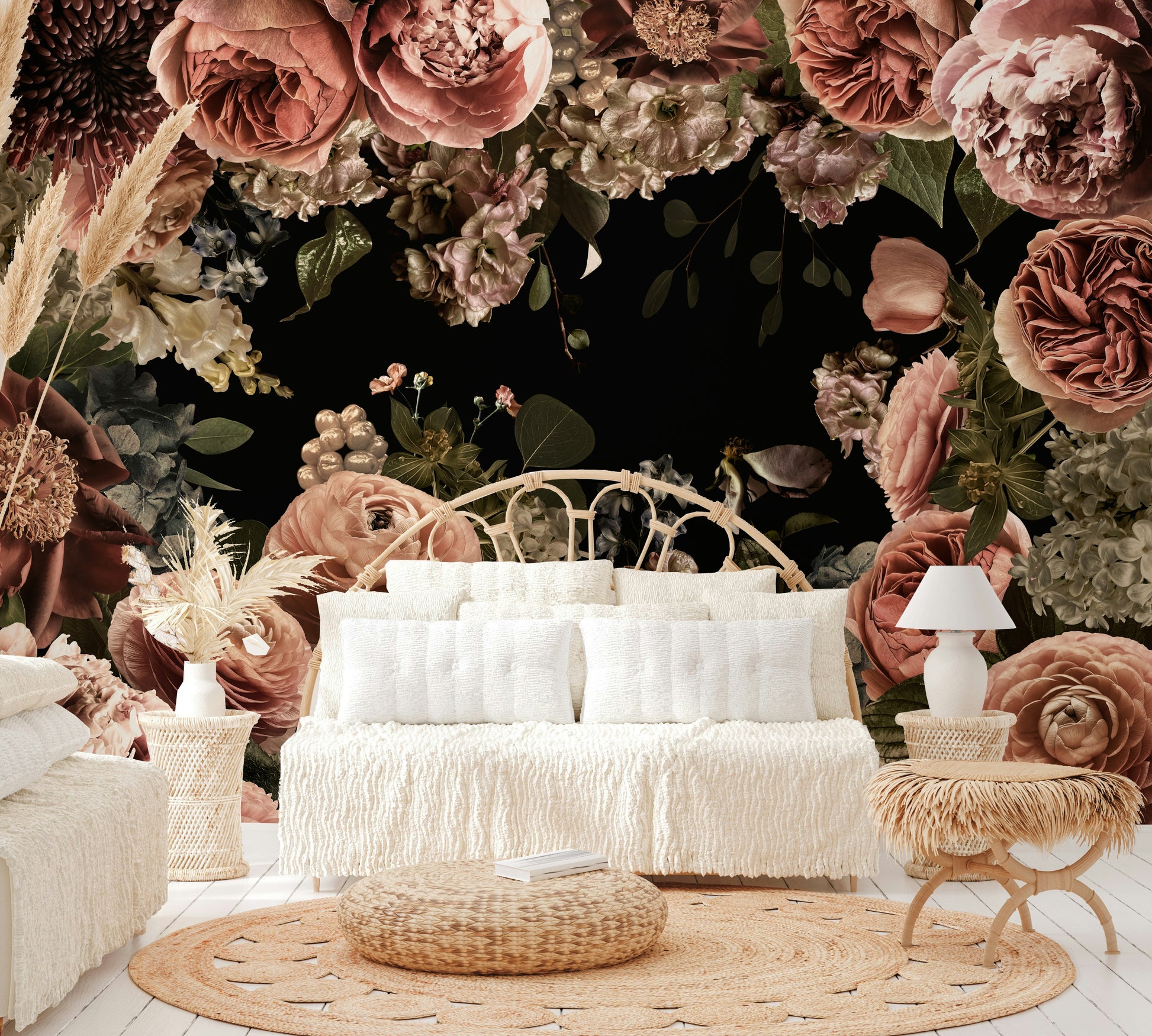 Bold flower wallpaper in rich midnight tones

