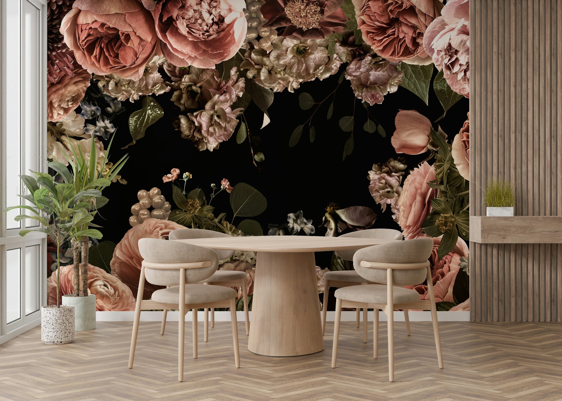 Artistic floral wallpaper in shadowy hues

