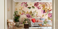 Lush garden mural with pastel flowers and greenery

