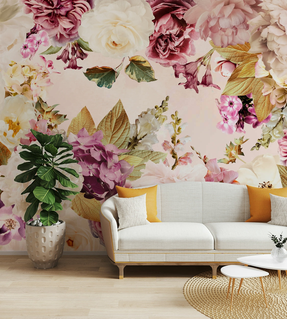 Botanical wall design with soft, dreamy florals

